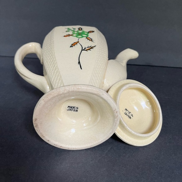 VTG Japan Tea Set Teapot Sugar Bowl Cream Pitcher Yellow Cottage Green Floral - Picture 6 of 15